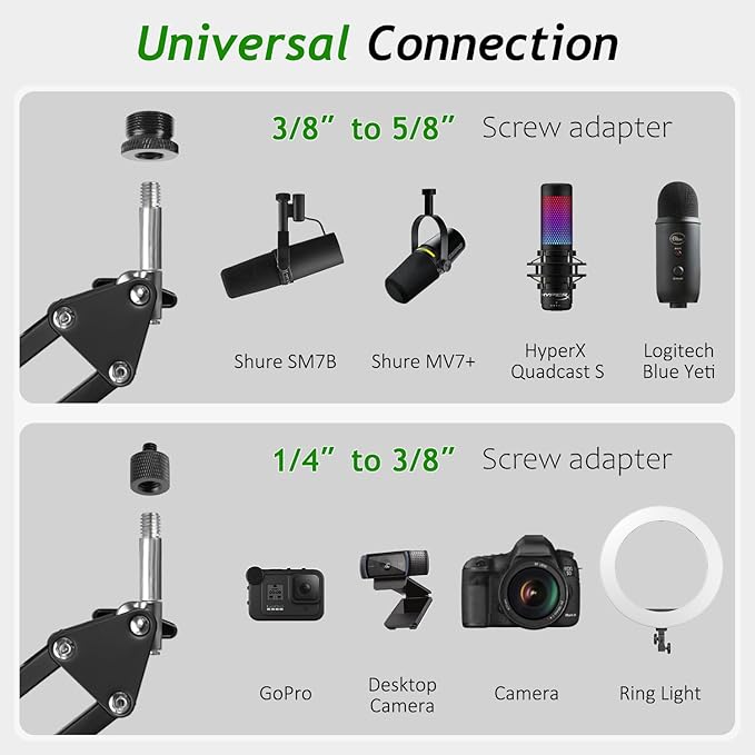 Mic Boom Arm, Adjustable Height Overhead Microphone Stand with Heightened Extension Riser for Shure SM7B Blue Yeti HyperX QuadCast S and other Mic