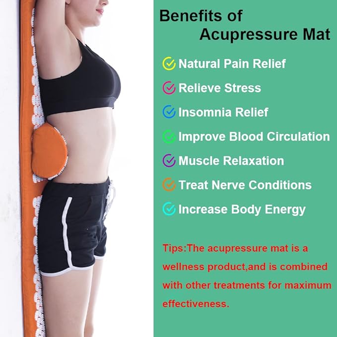 Acupressure Mat and Pillow Set with Bag - Extra Long Acupuncture Mat for Neck & Back Pain Relief- Naturally Relaxation Gift for Women - Stress Relief Massage Mat (Orange)