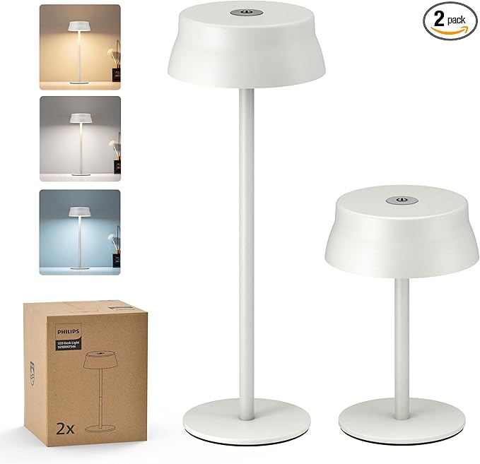 Philips Cordless Table Lamp, Portable Outdoor LED Desk Light,Rechargeable Battery Operated, 2 Adjustable Height, Touch Control & 3 Color Stepless Dimming, Waterproof Lamps for Restaurant/Bedroom