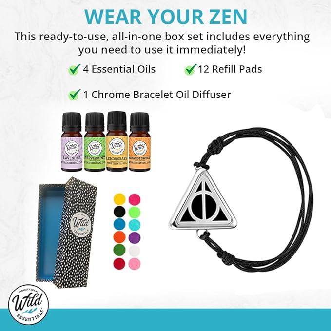 Wild Essentials Potter Hallows Essential Oil Diffuser Bracelet Gift Set with Aromatherapy Pendant, Adjustable Nylon Band, 12 Pads and 100% Pure Oils; Lavender, Lemongrass, Orange and Peppermint
