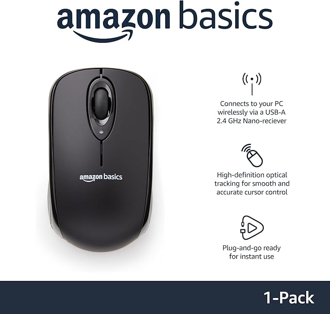 Amazon Basics 2.4 Ghz Wireless Optical Computer Mouse with USB Nano Receiver, Black