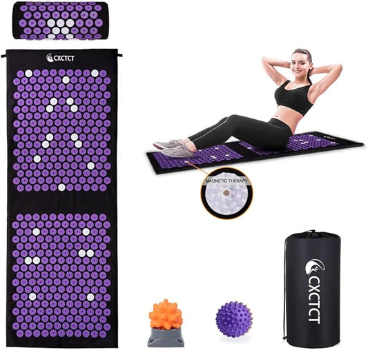Purple Yoga Massage Mat Set,Acupuncture Magnetic Mat and Pillow - Extra Long & Large Back & Neck Pain Relief
