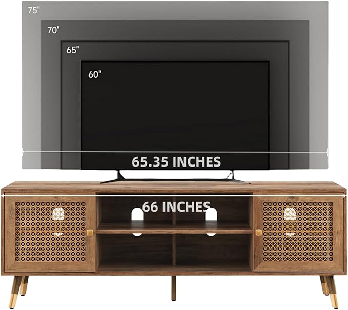 66 Inch TV Stand for 70 Inch TVs, Mid Century Modern Media Console, Long Entertainment Center with Storage Cabinet, Oak Wood Grain Finish for Rustic & Farmhoue Living Room Decor
