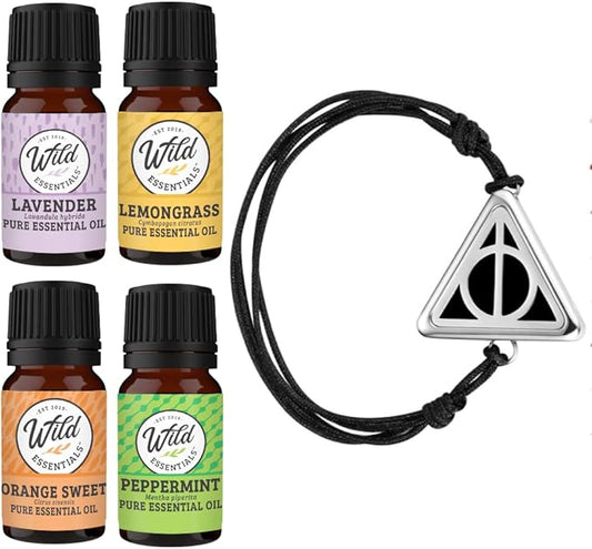 Wild Essentials Potter Hallows Essential Oil Diffuser Bracelet Gift Set with Aromatherapy Pendant, Adjustable Nylon Band, 12 Pads and 100% Pure Oils; Lavender, Lemongrass, Orange and Peppermint