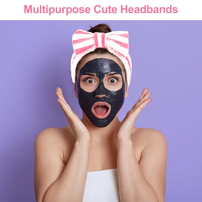 Ondder 8 Pcs Striped Spa Terry Cloth Headbands - Face Wash, Skincare, and Makeup Headbands with Cute Bow for Women