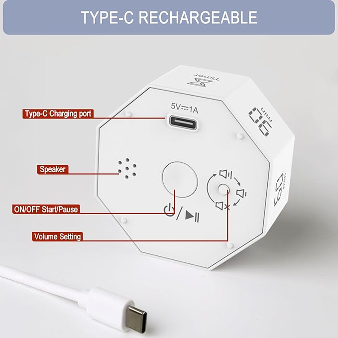 GuDoQi Digital Productivity Timer, Octagon Rotating Pomodoro Timers with Gravity-sensor, 1-3-5-15-30-60-90 Min Countdown, Portable Adjustable Sound Alert Multi Desk Timer or Study Task, Kitchen, White