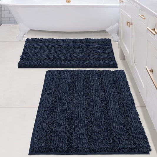 H.VERSAILTEX 2 Piece Bathroom Set - Super Absorbent Chenille Striped Bath Mats and Rugs - Non-Skid, Machine Washable Floor Mats (Navy, 24 x 36 Plus 20 x 32 Inches)