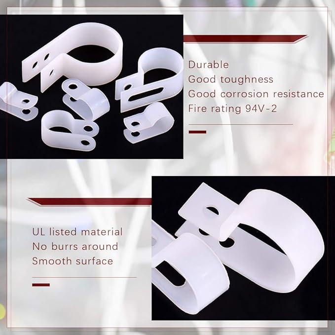 Hilitchi 135 Pcs 6 Sizes White Plastic Cable Clamp R Type Screw Mounting Cord Fastener Cable Clips Assortment Kit with Screws for Wire Management Cable Conduit (Clips from 6mm to 23mm)