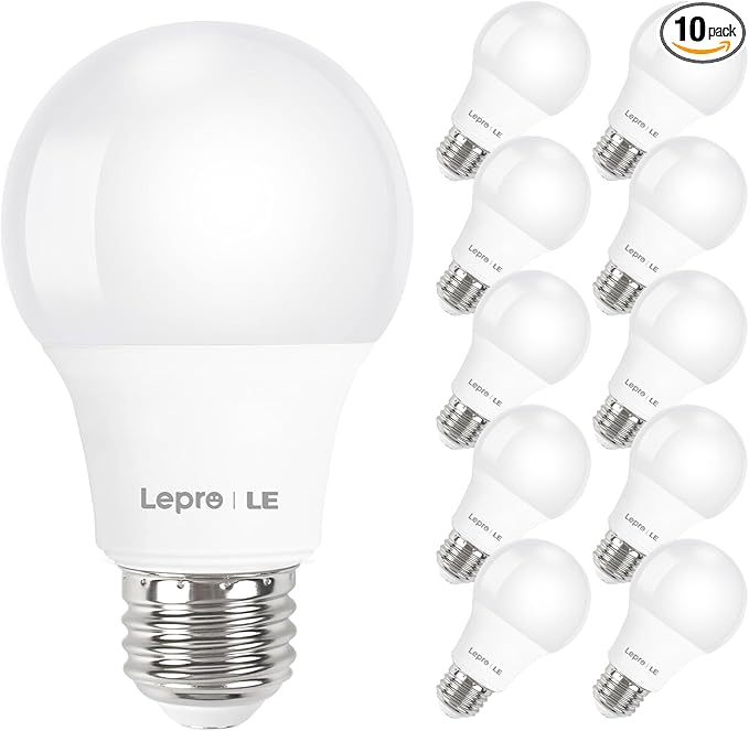 Lepro LED Light Bulbs 60 Watt Equivalent, 9W 800 Lumens Non-Dimmable, Daylight White 5000K, A19 E26 Standard Medium Base, 10000 Hour Lifetime 10 Count (Pack of 1)