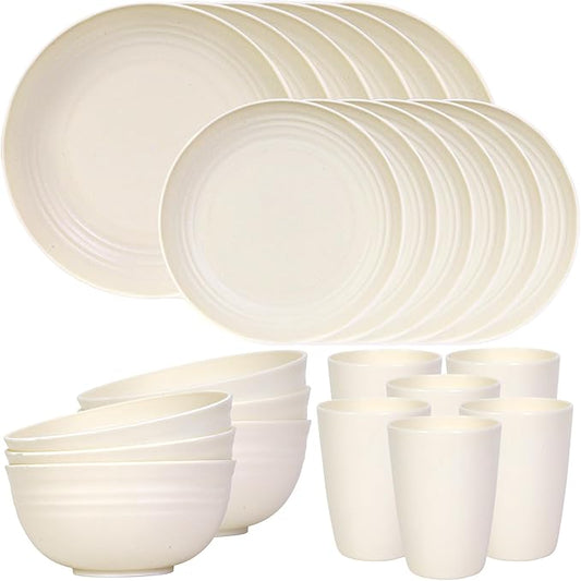 Quatish 24 Piece Plates and Bowls Sets for 6, Unbreakable Dinnerware Sets, Plastic Dish Set for Camping, Dishwasher Microwave Safe, Outdoor Kitchen and Apartment Dinning RV Essentials, Beige