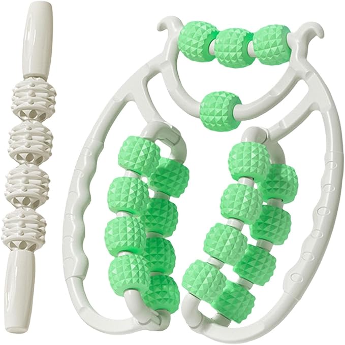 Colaxi 20 Wheels Massage Roller with Massage Stick Portable Multipurpose Flexible Handheld Roller for Back Shoulders Legs Thigh Arms, Green