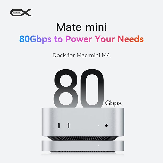 Mac mini M4 Dock & Stand with 80Gbps USB-C, Mate Mini-A Hub with Dual NVMe SSD Slot(up to 16TB), 2.5G LAN, 2 USB-A3.0, USB-C(PD3.0), SD4.0 Card Reader, 3.5mm Audio for Mac mini M4/ M4 Pro