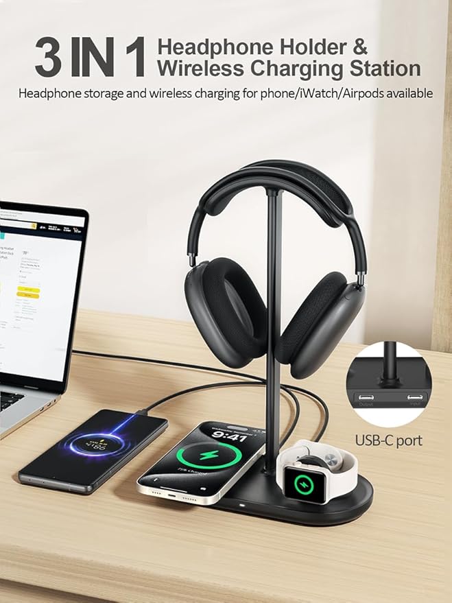 TopMade 5 in 1 Headphone Stand for Desk with Wireless Charger & USB Charging for iPhone/AirPods/iWatch, Universal Desktop Gaming Headset Holder for Airpods Max, Bose, Beats, Razer and More, Black