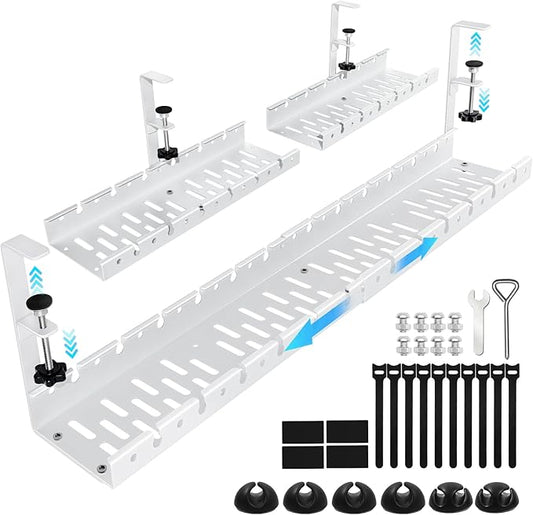 Shikha Under Desk Cable Tray, 15.7"-30.7" Retractable Under Desk Cable Management, No Drilling Cord Organizer with Clamp, Wire Management for Home Office -White