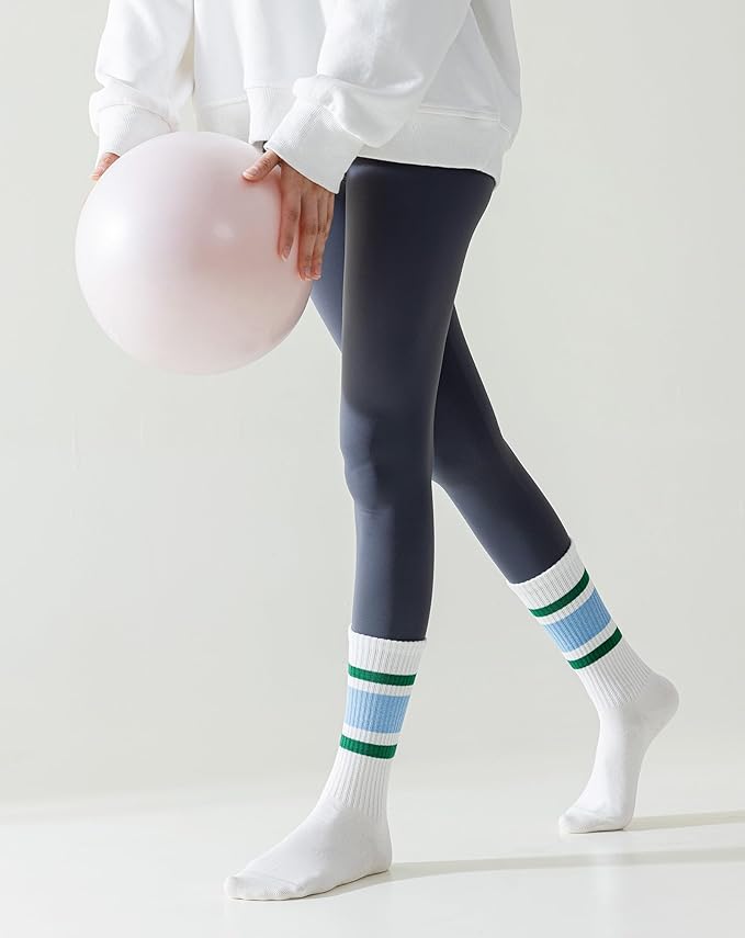 Yawlsow 3 Pairs Pilates Grip Socks for Women Yoga Grippy Striped Retro Crew Socks Non Slip Sticky Barre Sock with Grippers