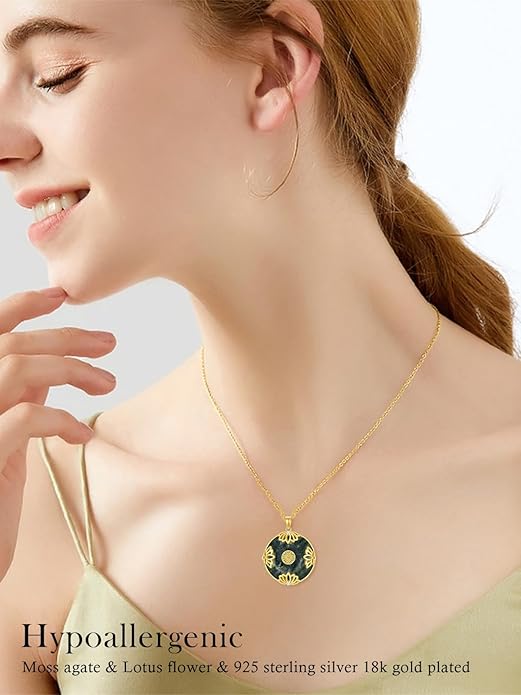 Jade Lotus Necklace for Women 14k Gold Plated Sterling Silver Good Fortune Jade Jewelry Birthday Christmas Gifts for Women Mom Wife