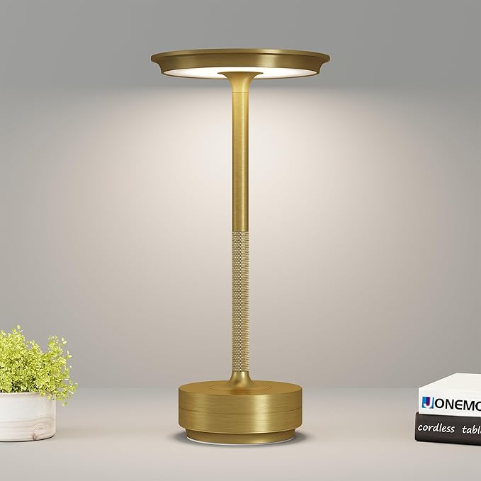 Cordless Table Lamp, LED Rechargeable Table Light with 3 Temp Settings, Stepless Dimming, 5000mAh Battery, USB-C, Memory, Aluminum Alloy, for Home, Patio, Restaurant, Outdoor. Gold