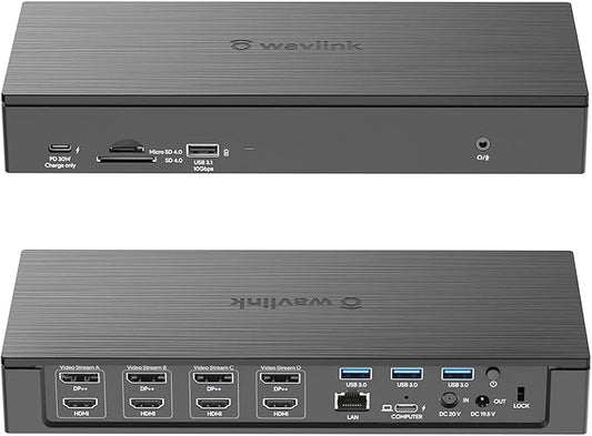 WAVLINK DisplayLink Laptop Docking Station - Quad Monitor 5K/4K@60Hz, 100W Charging - Thunderbolt 4/3, USB-C/A - M1 M2 Mac/Windows/Chrome/Ubuntu - 4 HDMI, 4 DP, 180W Power, SD 4.0 CR, 2.5Gbps LAN