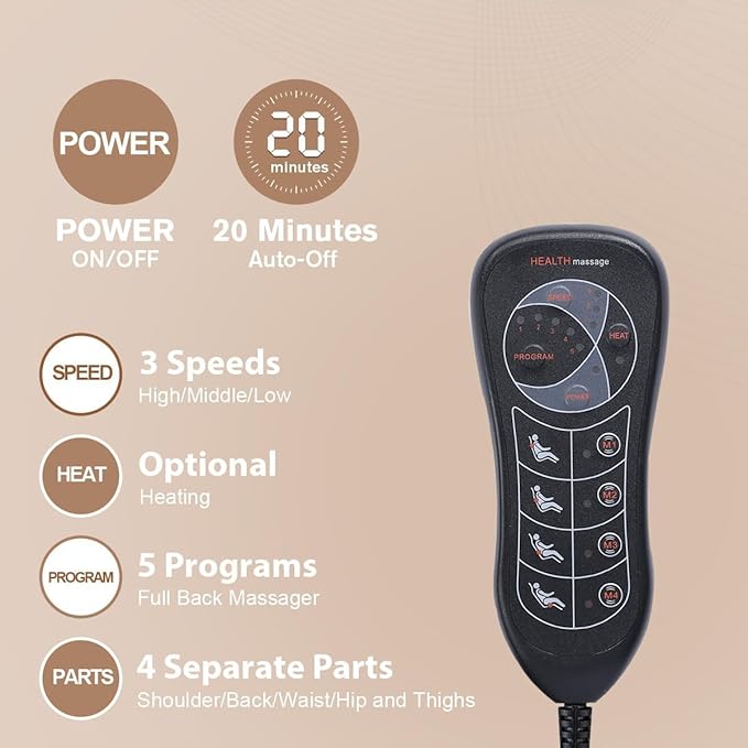 Back Massage Chair Pad, Back Massager with Heat for Pain Relief, Chair Massager for Full Body Massage, Deep Tissue Vibration Massger with 2 Adapters, Chair Massager for Office and Recliner