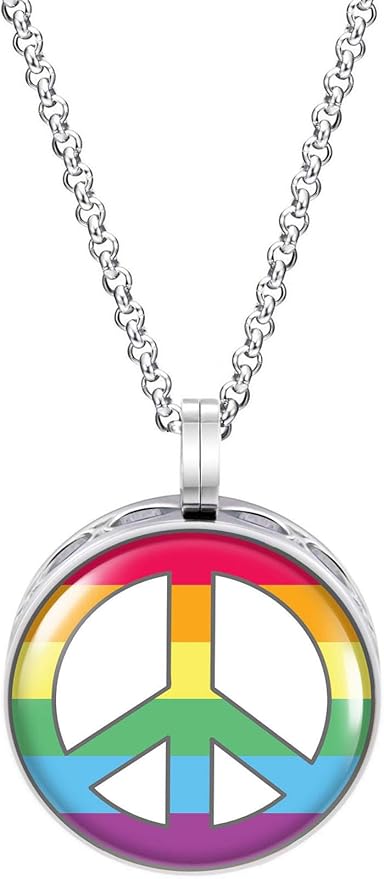 Wild Essentials Rainbow Peace Sign Enamel Finish Essential Oil Diffuser Necklace Gift Set - Includes Aromatherapy Pendant, 24" Stainless Steel Chain, 8 Color Refill Pads