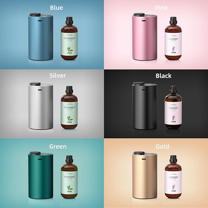 Waterless Essential Oil Diffuser Starter Kit - No Water Needed, Battery Operated Scent Diffuser Included 120ml Essential Oil, Portable Mini Aromatherapy Nebulizer for Home, Room, Car, Office, Green