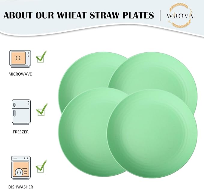 Wheat Straw Plates - 9 Inch Unbreakable Dinner Plates Set of 8 - Dishwasher & Microwave Safe Plastic Plates Reusable for Kitchen and Camping (Light Green)