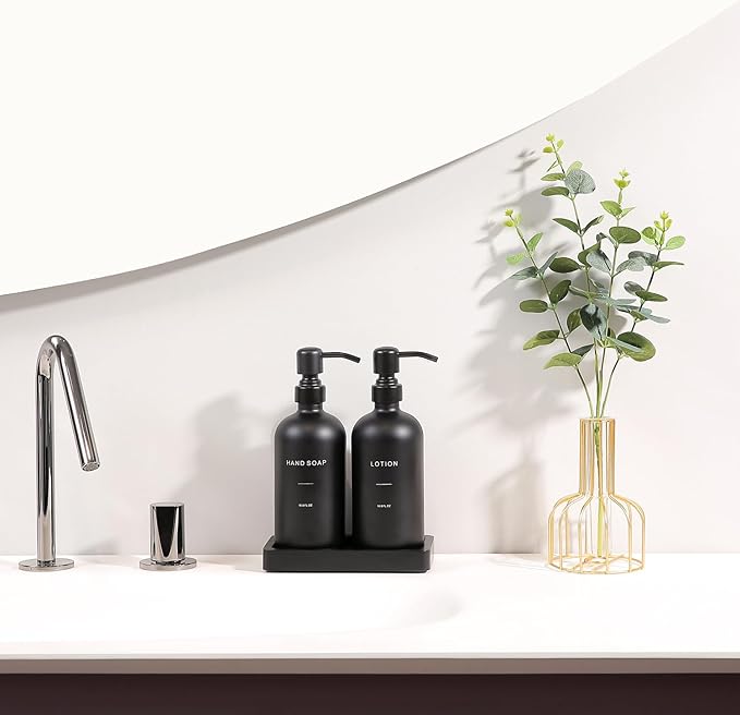 Black Soap Dispenser Bathroom Set, Soap and Lotion Dispenser Set with Stainless Steel Pump, Perfect for Bathroom Decor. (Black)