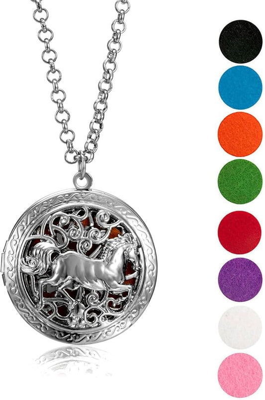 Wild Essentials Wild Horse Essential Oil Diffuser Nickel Free Alloy Locket Pendant with 24 inch Chain, 8 Refill Pads, Customizable Color Changing Perfume Jewelry for Aromatherapy