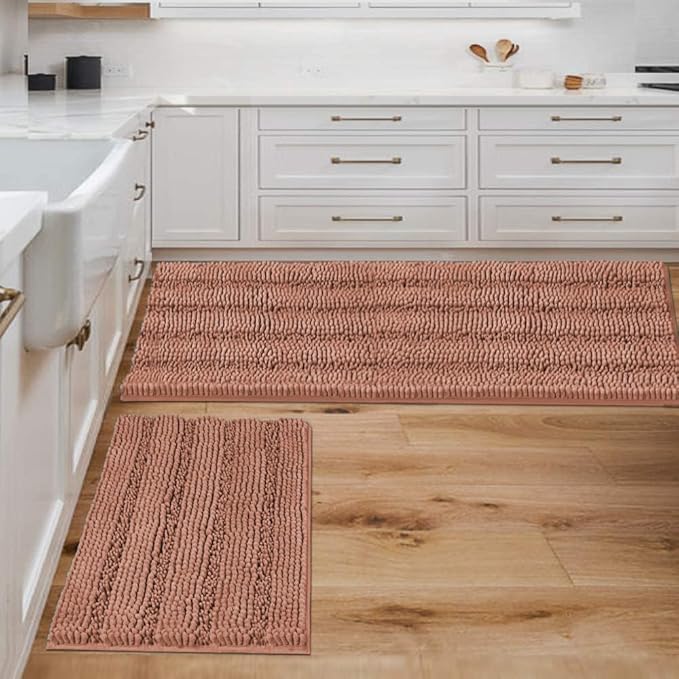 H.VERSAILTEX 2 Piece Set Bathroom Rugs Bath Mats Sets Super Absorbent Chenille Striped Bath Mats Non Skid Machine Wash Dry Rugs for Bathroom Floor (Muted Clay, 47 x 17 Plus 17 x 24 - Inches)