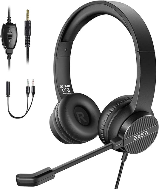 EKSA Wired Headset with Mic, Computer Headset with Microphone for PC, 3.5mm Headset with Mic with Noise Cancelling for PC/Laptop/Call Center/Work/Office, Lightweight Comfortable On Ear Headphones