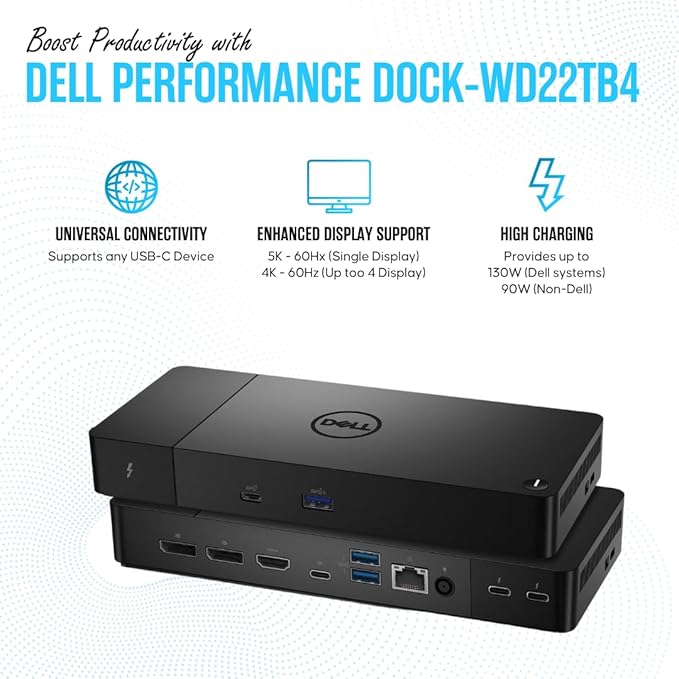 WD22TB4 Dell Thunderbolt 4 Dock 40Gbps USB-C/USB A - Dell Docking Station Dual Monitor with 180W, HDMI & DisplayPort Cable - Supports 4K Displays & Upto 3 Monitors (Renewed)