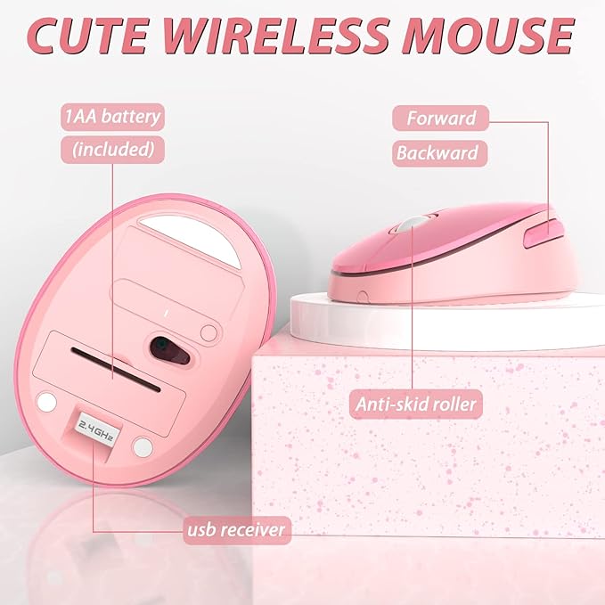 KOOTOP Cute Pink Wireless Keyboard and Mouse, 2.4G Retro Round Keycap for PC, Mac, Laptop, Tablet, Computer Windows