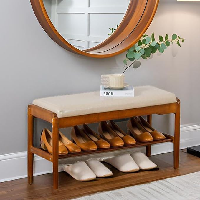 latifolia Small Shoe Bench, Solid Wood Bench with Cushion, 2 Tier Shoe Storage Organizer for Entryway(Walnut,31.50''L)