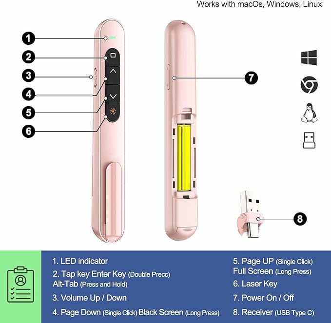 QUI Presentation Clicker for PowerPoint, RF 2.4GHz USB C Wireless Presenter Remote with Volume Control, PowerPoint Clicker Slide Advancer for Mac, Windows, Laptop, Keynote