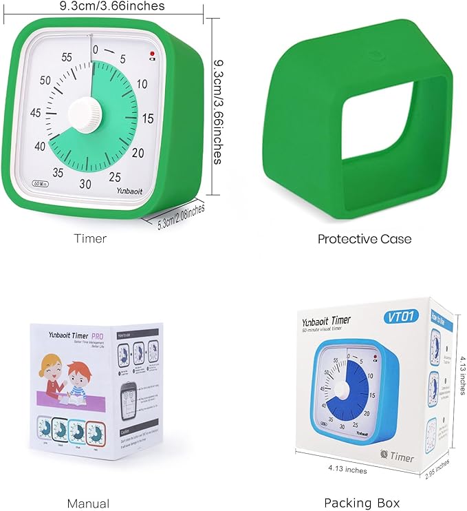 Yunbaoit Visual Timer with Protective Case, 60 Minute Silent Countdown Timer for Kids and Adults Clock Time Management Tool(Green)