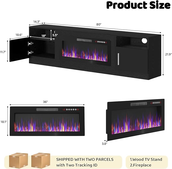 Lemberi Fireplace tv Stand with 36 inch Fireplace Up to 90" TVs, LED Light Entertainment Center and Storage, 80" Modern Wood Media TV Console with Highlight Cabinet for Living Room (Black)