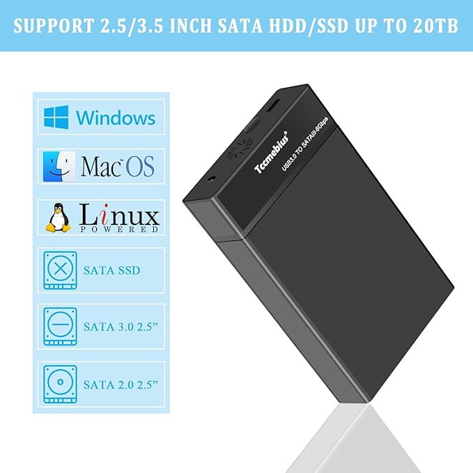 USB 3.0 External Hard Drive Enclosure for 2.5 3.5 Inch SATA I/II/III HDD SSD Up to 20TB, 3.5'' Tool-Free HDD Docking Station, Support UASP, Automatic Sleep Function (TCC-S863)