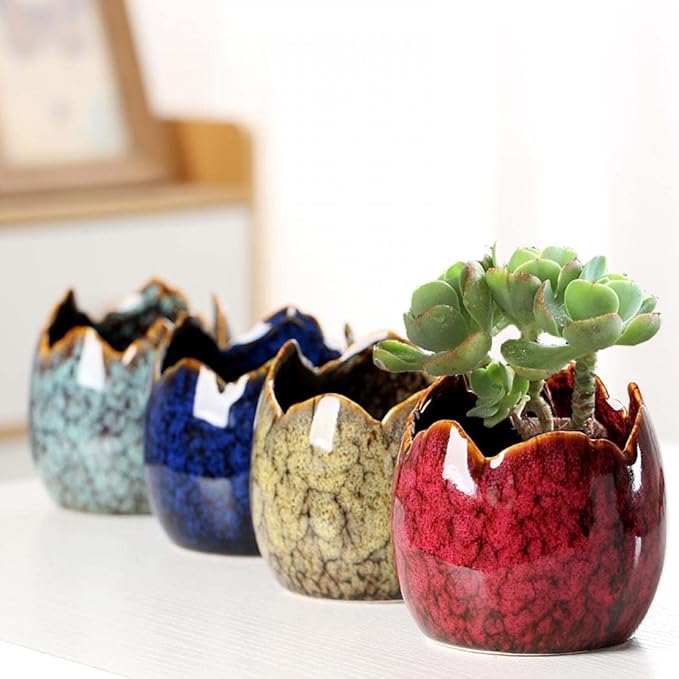 Simcat Succulent Pots with Drainage Half Dragon Egg Shell Design Ceramic Flower Pot 4 Cactus Planter Pots Marble Print Succulent Plant Pots + Bamboo Tray for Home Office Desktop Windowsill Décor