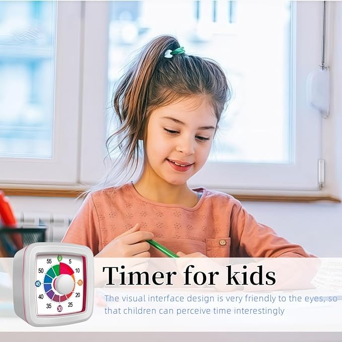 Visual Timer for Kids, 60-Minute Countdown Timer for Classroom Office Kitchen, Pomodoro Timer with Silent Operation，Time Management Tools with Colorful Pattern(White)