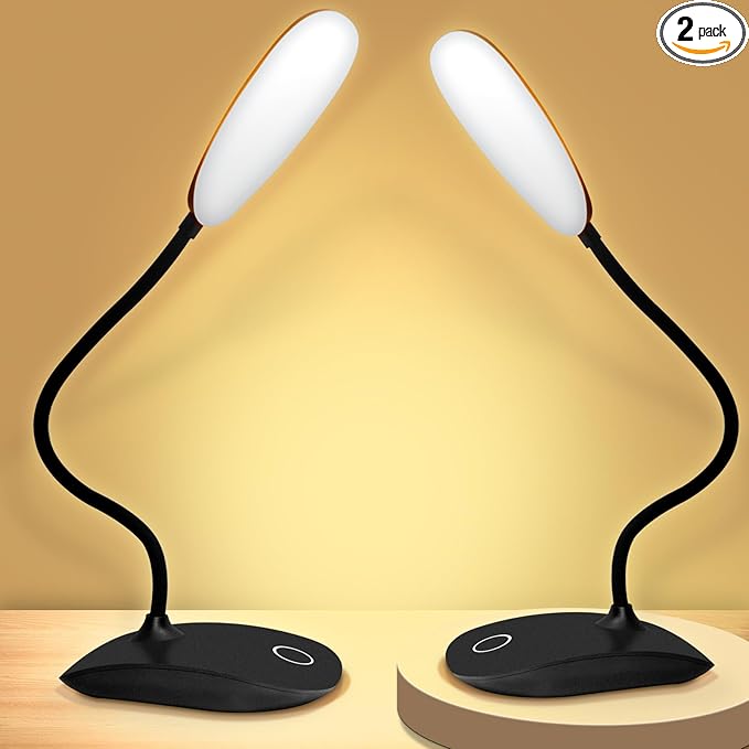Battery Powered Desk Lamp, Portable Lamps Rechargeable 3 Color Mode Touch Control Stepless Dimming, Wireless Desk Lamp with 2000mAh, Small LED Table Light for Dorm Study Office Bedroom- Black (2-PACK)