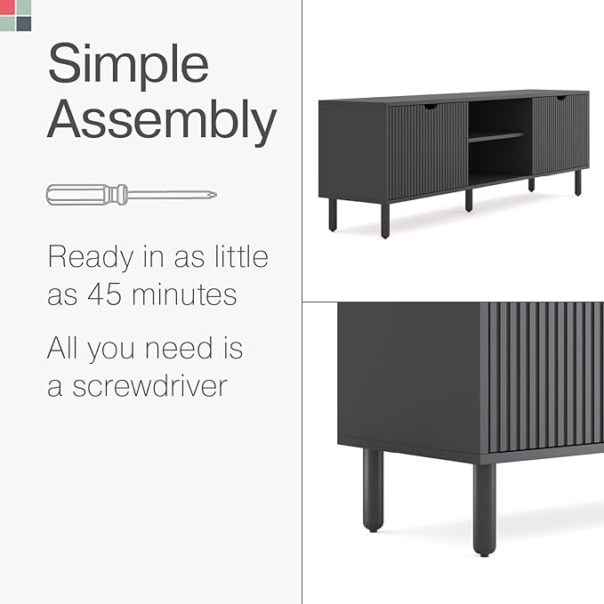 Fluted Wood TV Stand - Soft-Close Doors & Adjustable Shelves TV Console with Storage - Cable Management Entertainment Center - Fluted Doors Hide Components Media Stand - Black, 70