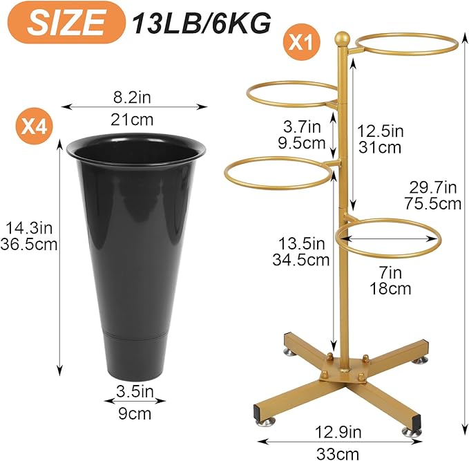 Flower Display Stand with 4 Bucket,Floral Stand with Foldable Frame for Silk Fresh Flowers,4 Tier Florist Shelf Plant Cart for flower shop Garden Living Room,Easy to Install (Gold Shelf+ Black Bucket)