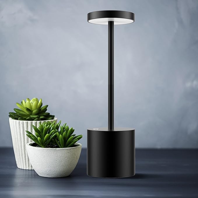 LED Cordless Table Lamp,Rechargeable 3 Color Stepless Dimming Battery Operated Lamp,Metal Portable Indoor and Outdoor Night Light,for Home Office/Living Room/Restaurant/Study.(Black)