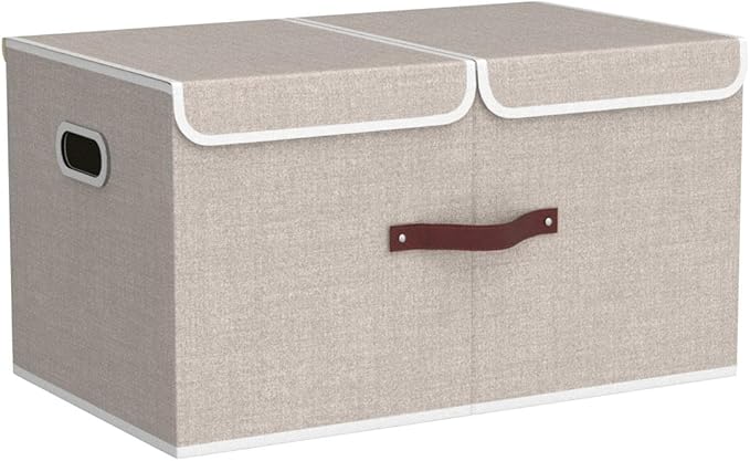 TYEERS Extra Large Collapsible Storage Bins with Lids and Compartments, Washable, Fabric Storage Boxes, 21.7x13x11.8 inches, 2 Pack, Beige