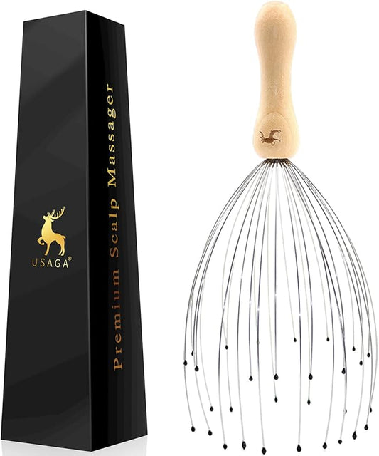 USAGA 32 Fingers Head Massager, Head Scratcher Scalp Massager, Stocking Stuffers Gift for Scalp Body Relaxing Wood Handle (1 Pack)