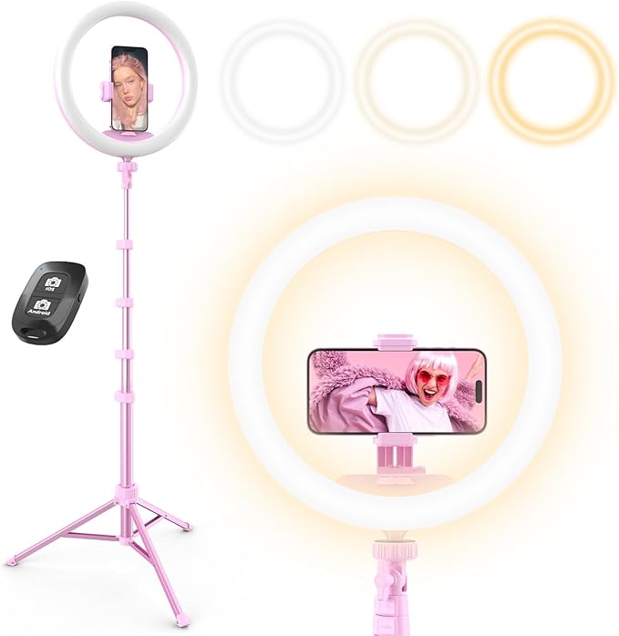 UBeesize 12” Selfie Ring Light with 62” Extendable Tripod Stand & Remote, LED Light with Phone Holder for Video Recording/Makeup/Content Creator (YouTube/TikTok/Twitch), Phone, Camera & Webcam (Pink)