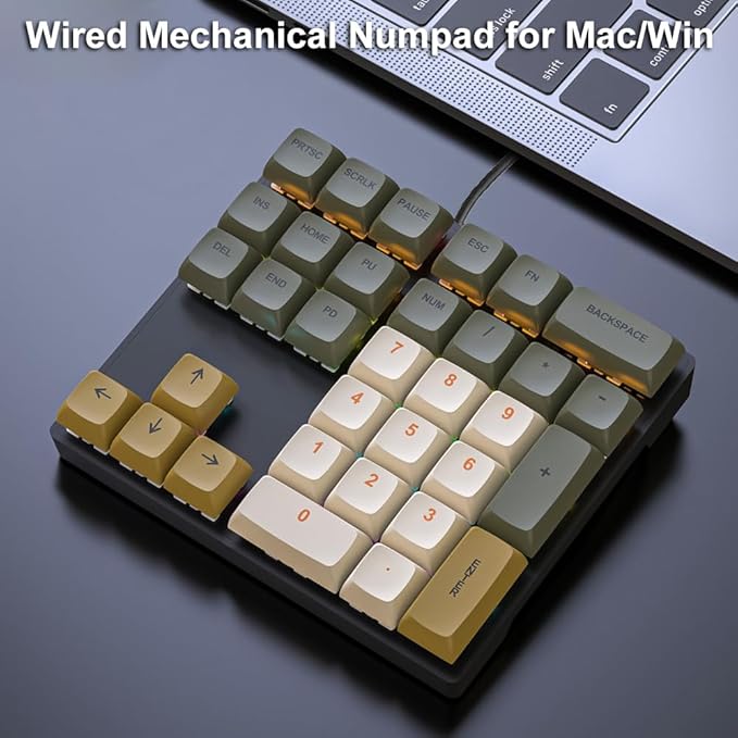 Mechanical Numpad Rainbow Backlit Clicky Blue Switches Wired USB Number Pad 33-Key NKRO Numeric Keypad with XDA PBT Keycaps External Keyboard Num Pad for Laptop, Mac - Brown Grey