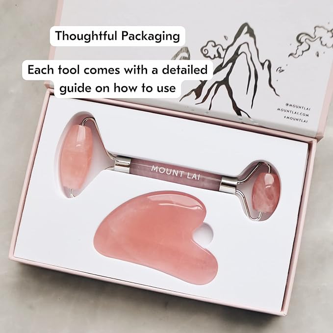 Mount Lai Rose Quartz Gua Sha Facial Tools, Pink Quartz Gua Sha Facial Tools Set and Roller, Guasha Tool for Face to Relieve Muscle Tension and Reduce Puffiness, Anti Aging Skin Care Sets for Women