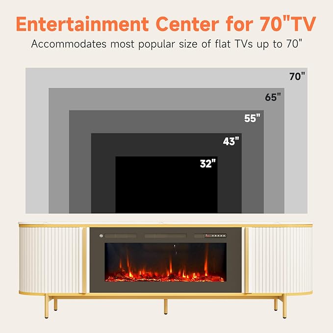 Luxury 70" Fluted Fireplace TV Stand, Modern Chic Entertainment Center for TVs Up to 80", TV Console for Living Room, White Media Cabinet with Storage,70 Inch
