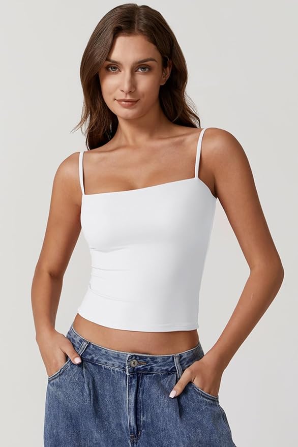 QINSEN Women's Double Lined Basic Tank Top Adjustable Spaghetti Straps Sleeveless Camisole Shirts